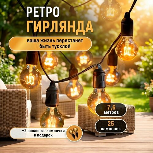 фото Ретро гирлянда уличная, гирлянда интерьерная, электрогирлянда лампочки 25 штук wloo