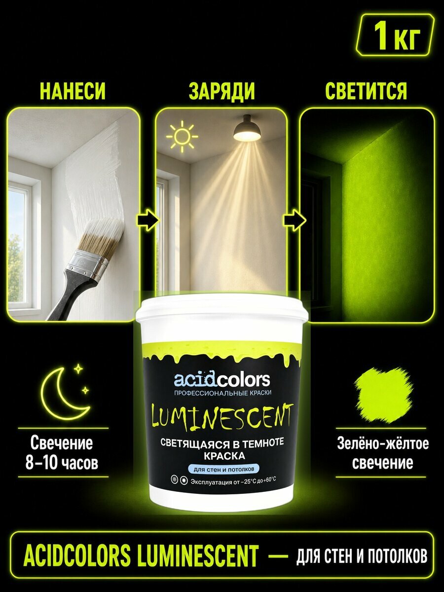 AcidColors Luminescent краска светящаяся в темноте акриловая с латексом, 1КГ — фото 1