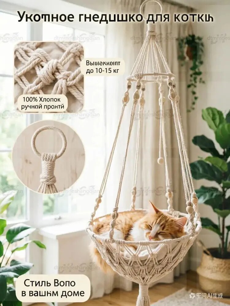 Гамак для кошек подвесной, лежанка макраме для кота - плетеный домик на стену, интерьерная качель для питомцев.