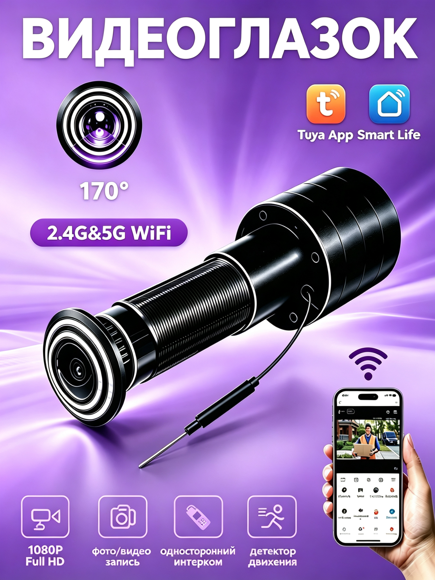 Видеоглазок для входной двери 2.4G&5G WiFi,170Широкий угол,1920x1080, Обнаружение движения, Видеозапись