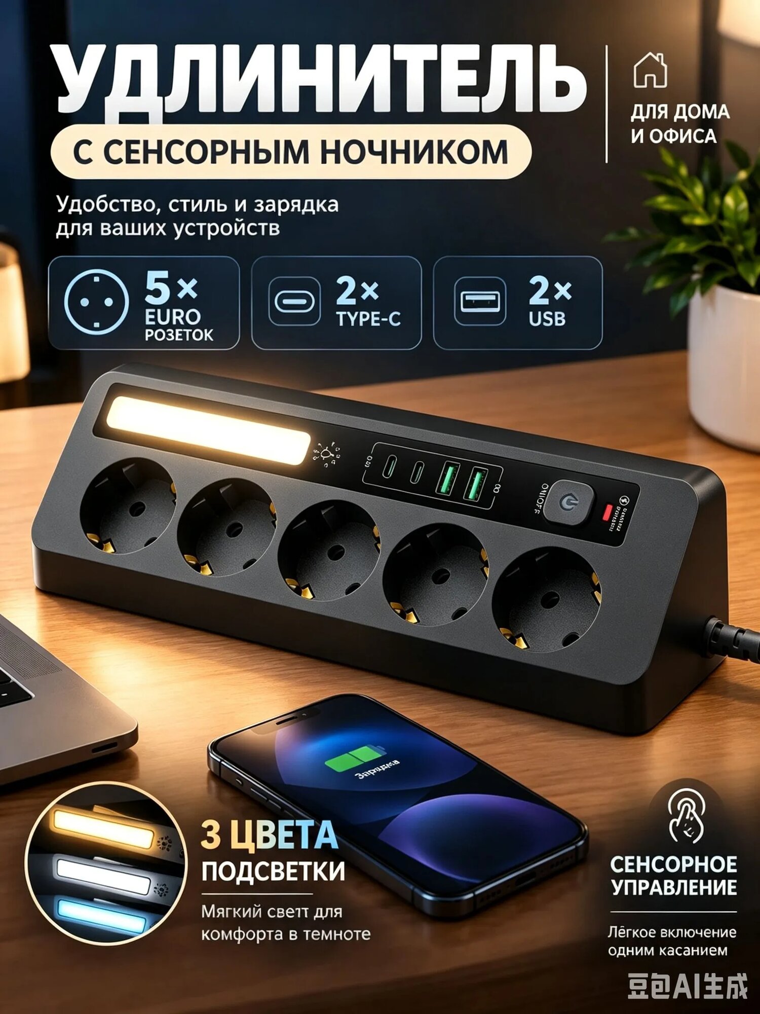 Удлинитель угловой на 4 розетки (3680 Вт, 16 А) с 2 USB-C и 1 USB-A, ночником и защитой от перенапряжения, 1.5 м, черный