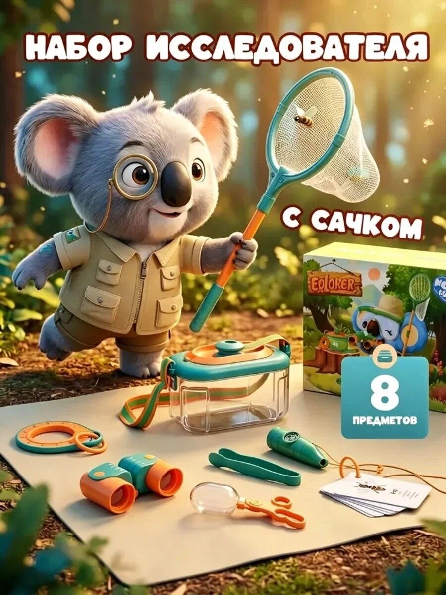 Набор юного исследователя 8 предметов, для изучения природы, с сачком и биноклем