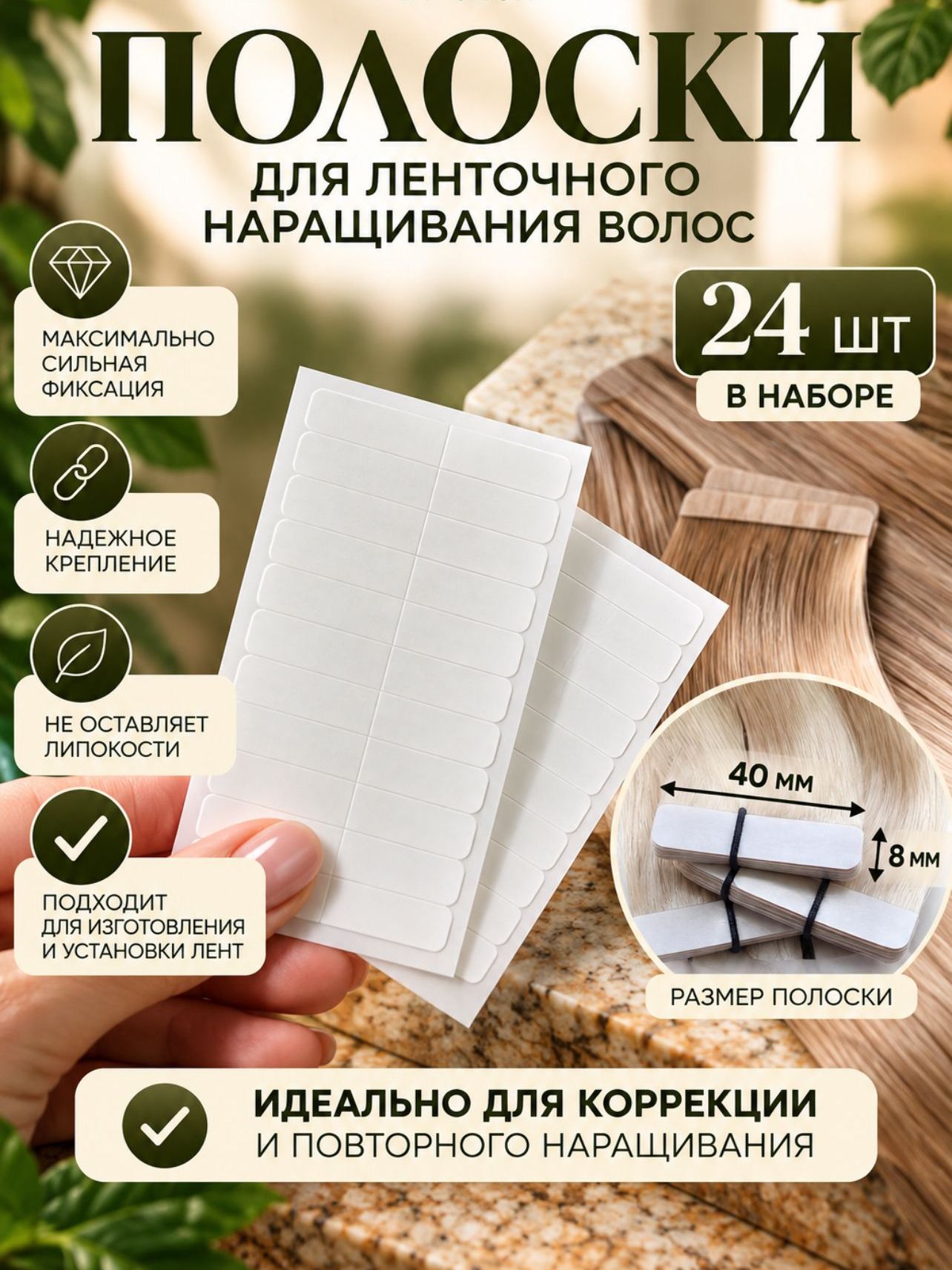 Двухсторонние ленты (полоски) для ленточного наращивания и коррекции скотч,2 полоски, 4 см 0,8мм, белые 24 шт. She Hair.