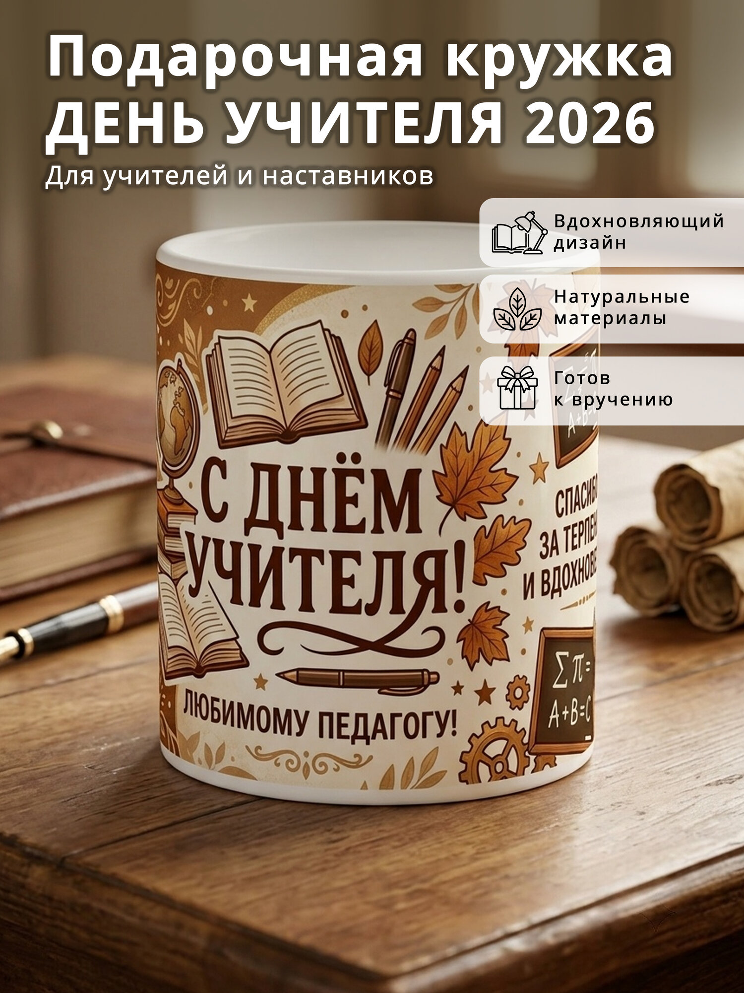 Кружка «С Днём учителя» — керамическая, коричневый цвет, 330 мл