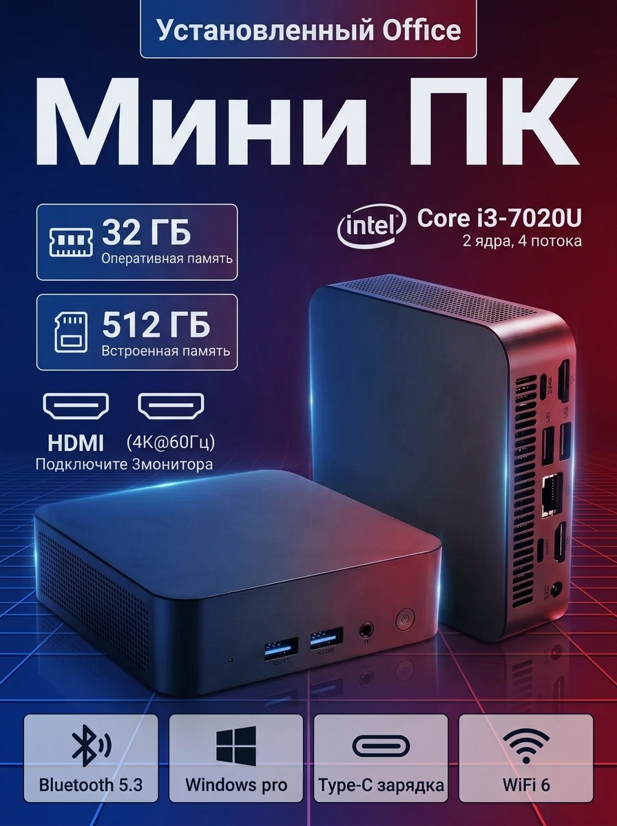 Мини-ПК, Модель Intel Core i3-7020U, 32ГБ ОЗУ , 512ГБ SSD, Windows 10 Pro