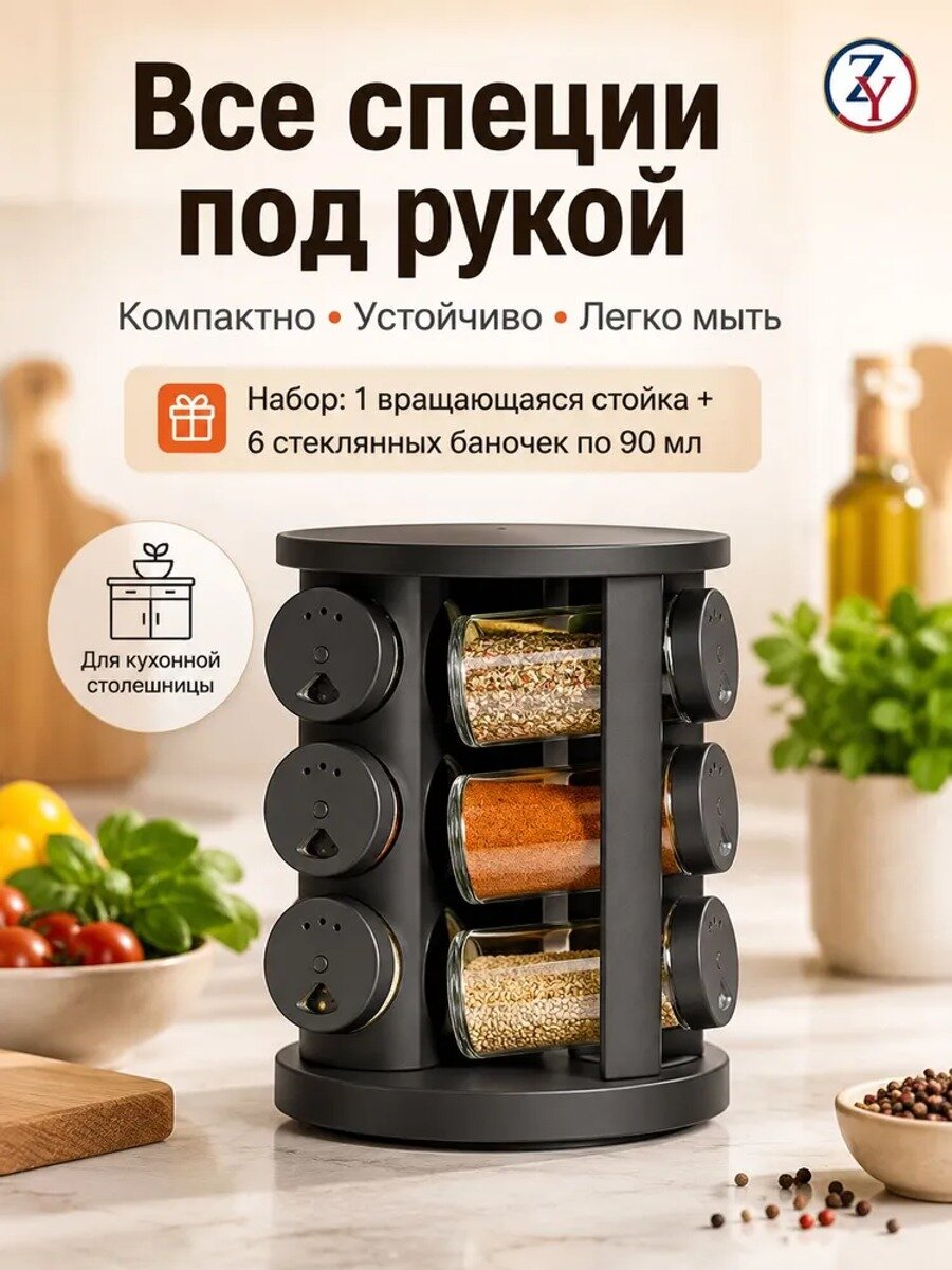 Банка для сыпучих продуктов 90 мл, 9 шт, полиэтилен, черный матовый, с ситом