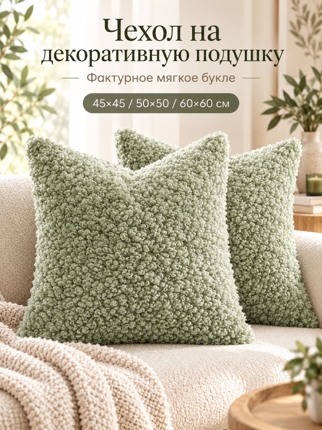 Наволочка декоративная "искусственный мех" 45x45 см, полиэстер, 1 шт зеленый