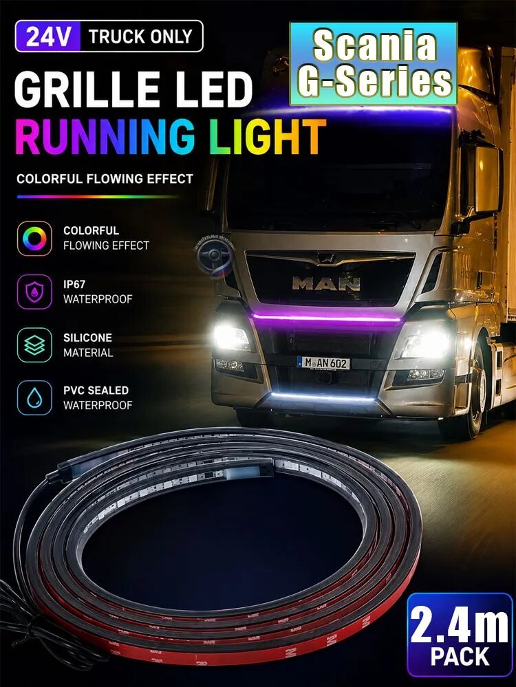 Scania G-Series LED подсветка решетки грузовика 24В, светодиодная лента 2,4 м, многоцветный бегущий свет, IP67