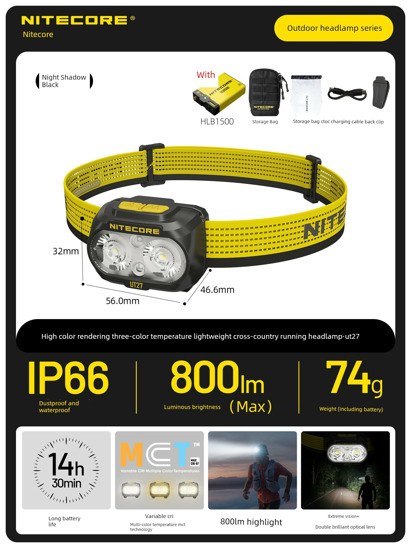 Фонарь на голову Nitecore UT27 MCT Shadow Black стандартная версия с 1 батареей и сумкой для хранения