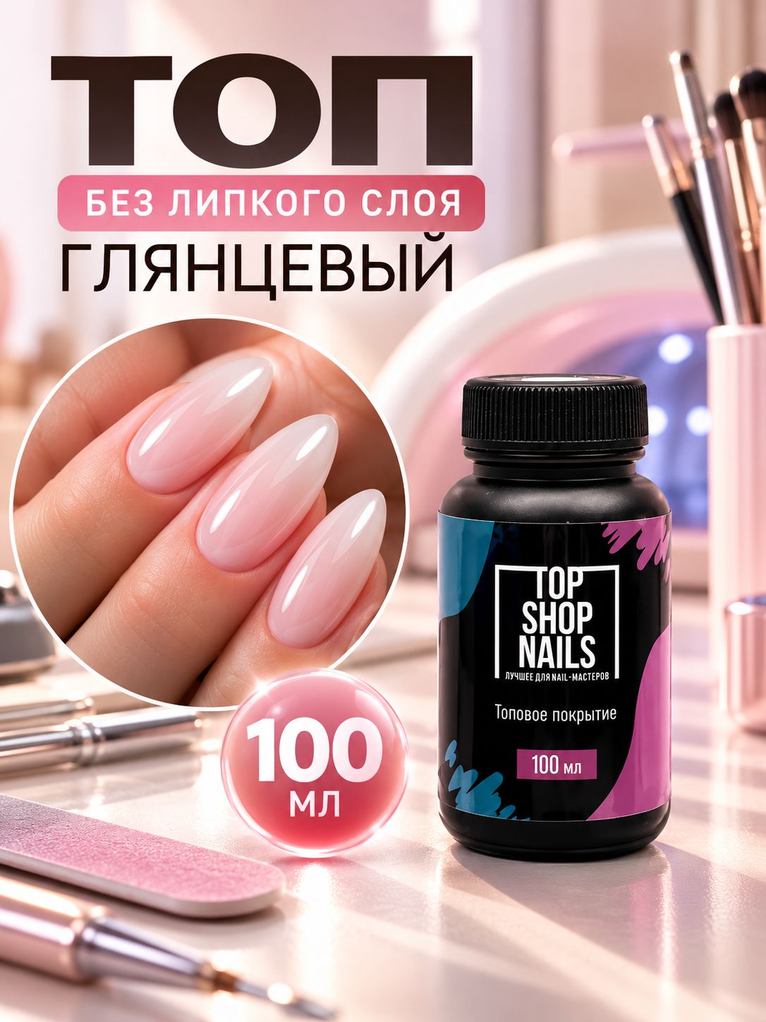TopShopNails Топ глянцевый без липкого слоя, прозрачный, антивандальный, 100мл