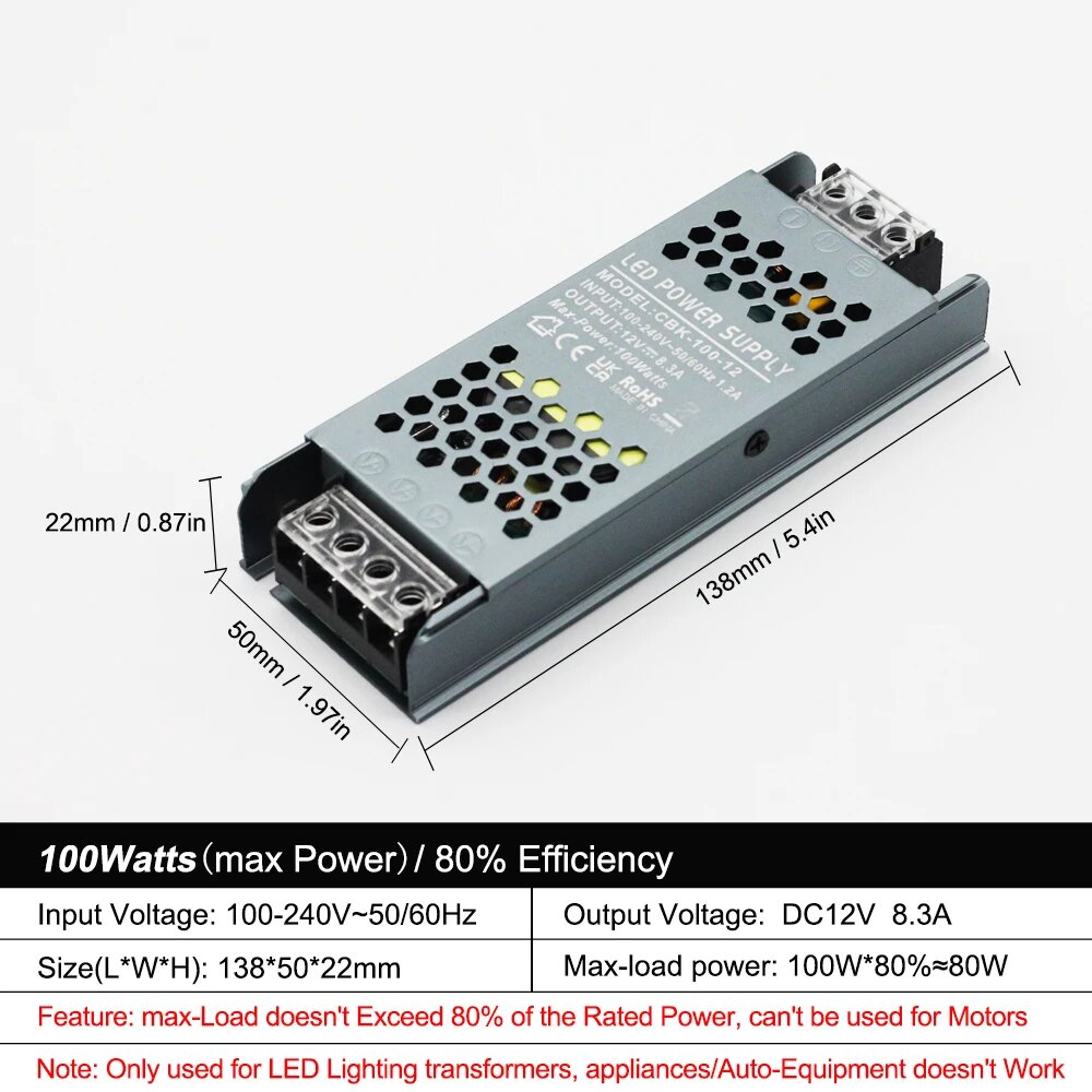 NIUGUY Трансформатор LED 12V 24V 100W-12V