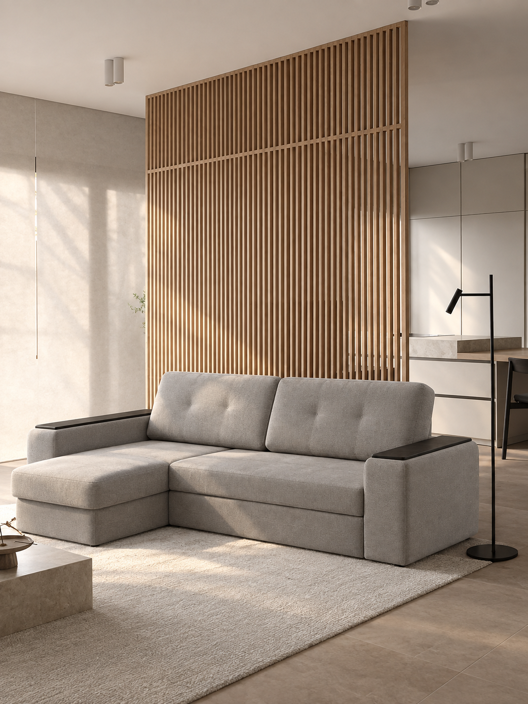 Диван с оттоманкой Арго Лайт Velutto 52 FM 233x153x90 см, серый Велютто, еврокнижка Дом мебели для вас