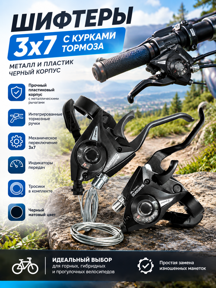 Шифтеры 3x7 с курками тормоза, черный корпус, металл и пластик, тросики в комплекте