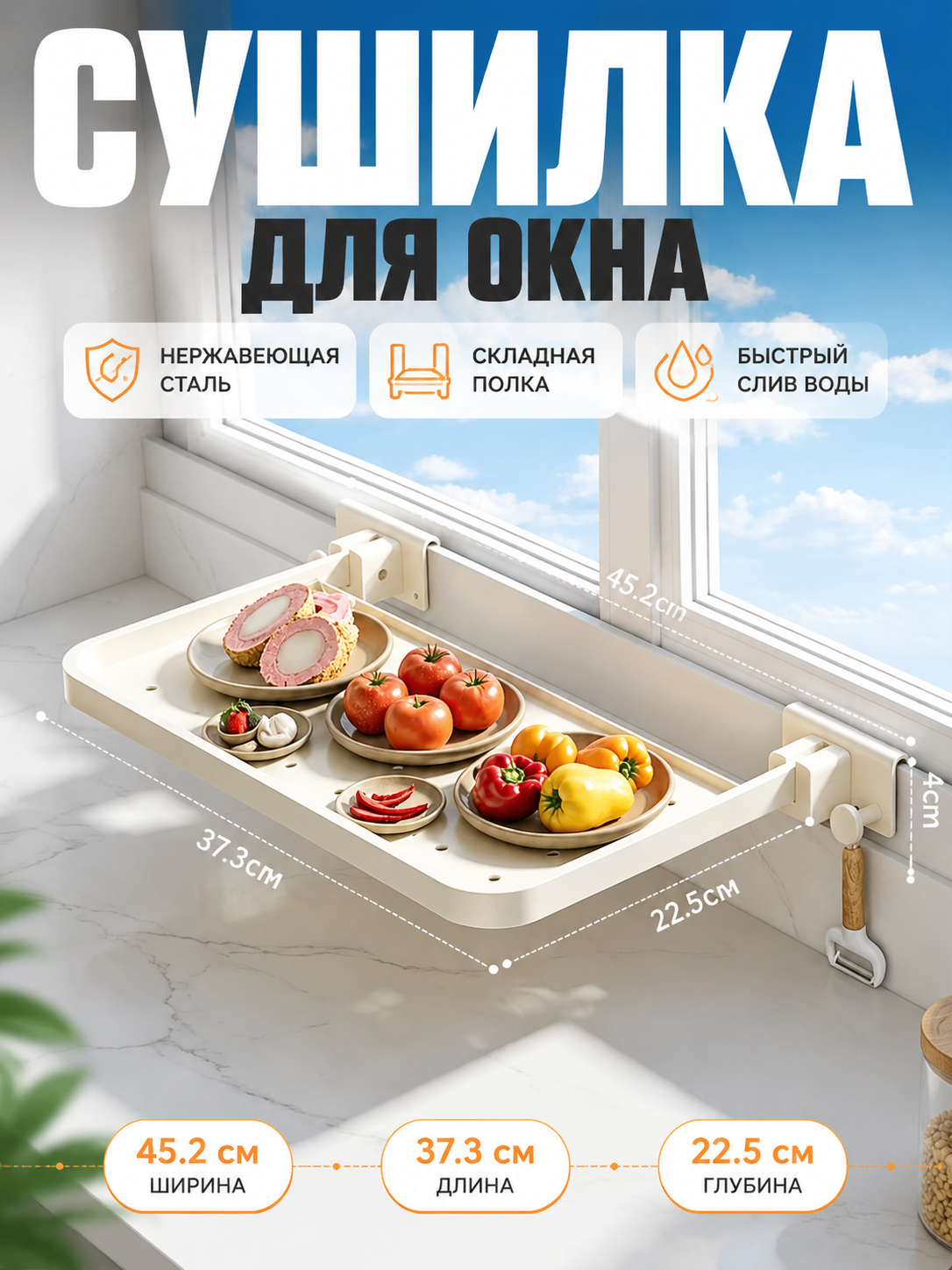 Оконная сушилка, складная модель для установки на окно на кухне, прочная конструкция из металла, подходит для сушки