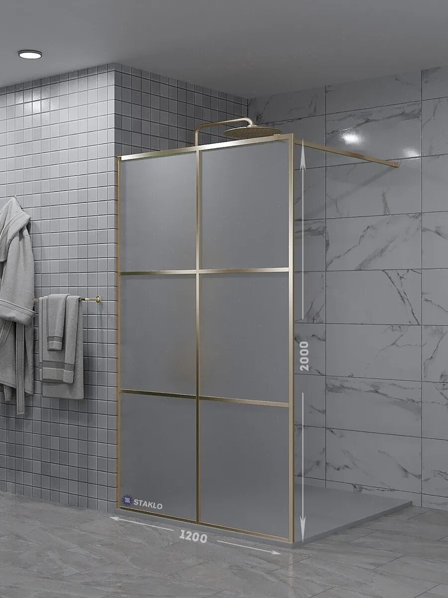 Loft душевая одиночная перегородка staklo 120x200 из матового осветленного стекла бронзовая фурнитура