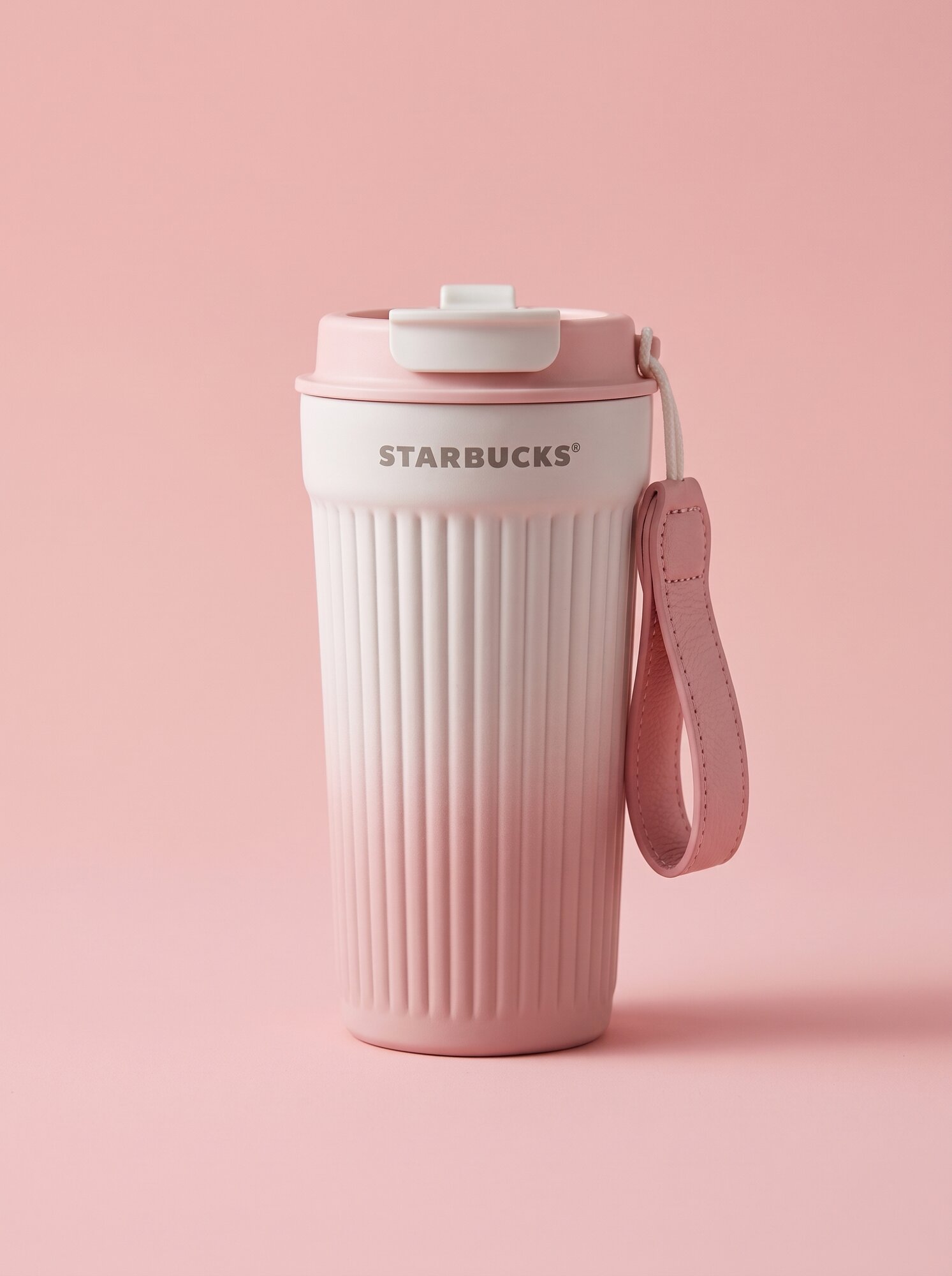 Термокружка STARBUCKS 473мл (Старбакс), розово-белая, металическая