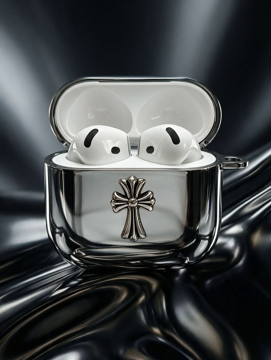 Чехол для наушников AirPods 4 / 5 (Аирподс 4 / 5) с крестом и карабином, серебристый хром, Y2K