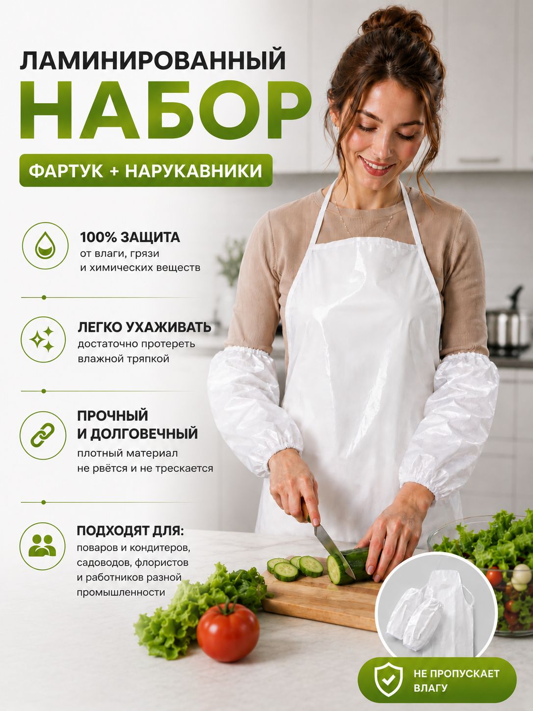 Фартук рабочий + нарукавники, ламинированный спанбонд 60 г/м2, набор защитный влагостойкий