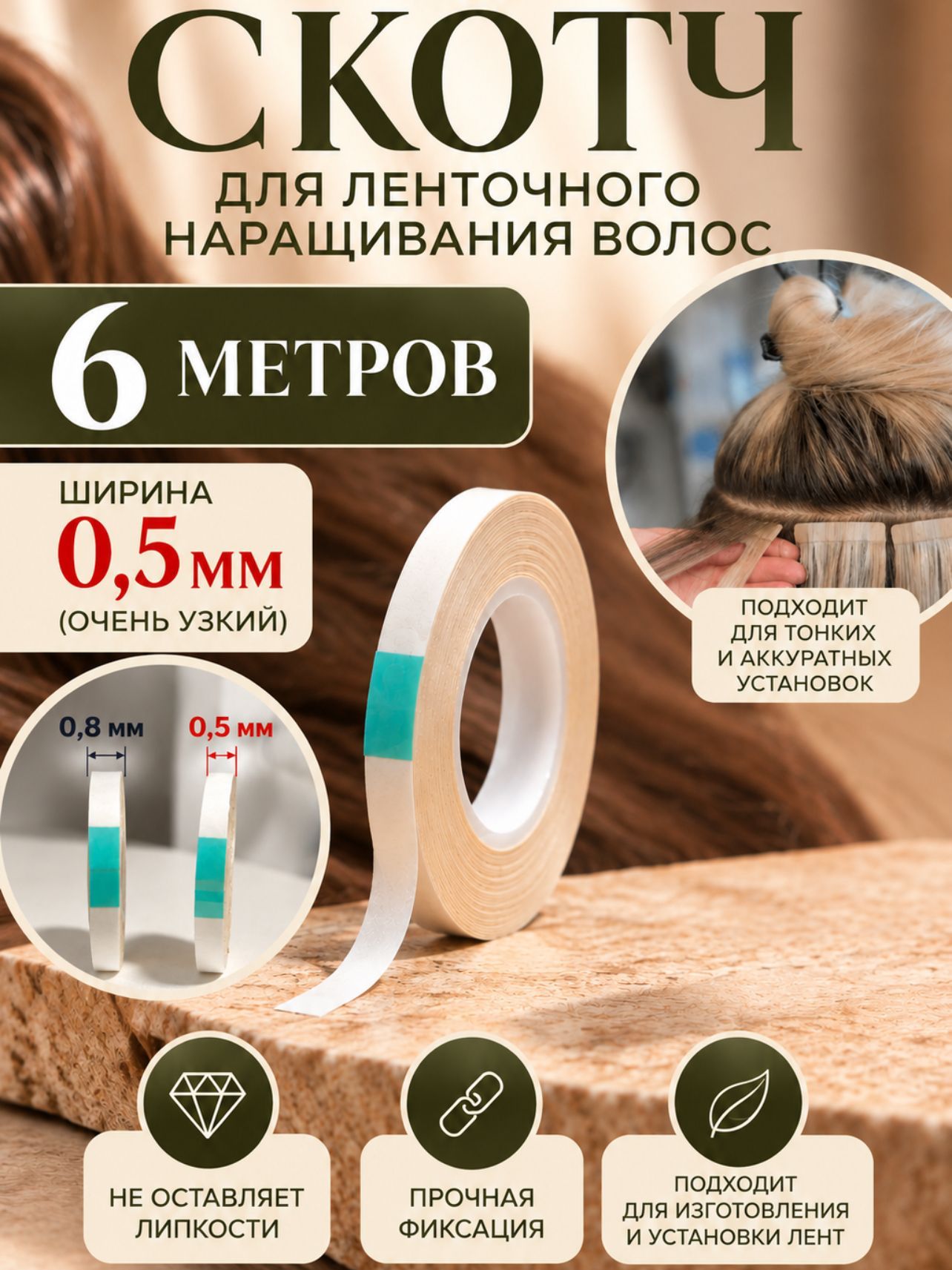 6м x 0,5мм - Скотч для наращивание волос