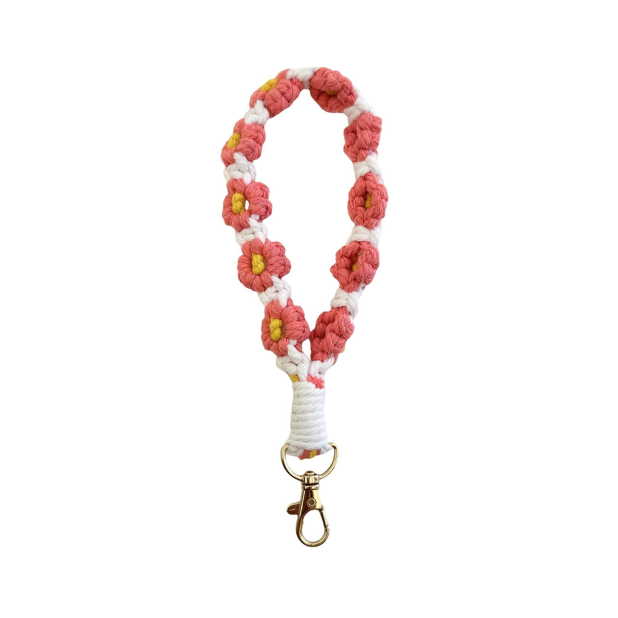 Брелок для ключей макраме из полиэстера ручной работы с цветком ромашки, цвет A1, с золотистой металлической застежкой и ремешком-антипотерей
