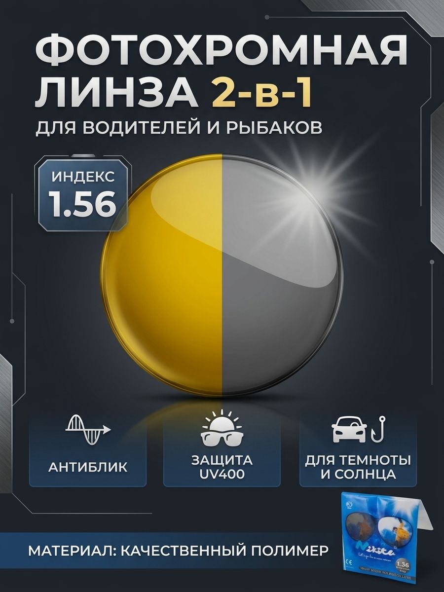 Линза для очков, сфера -0.75 антифара POLARIZED, Фотохромная цвет серый Nikita индекс 1.56