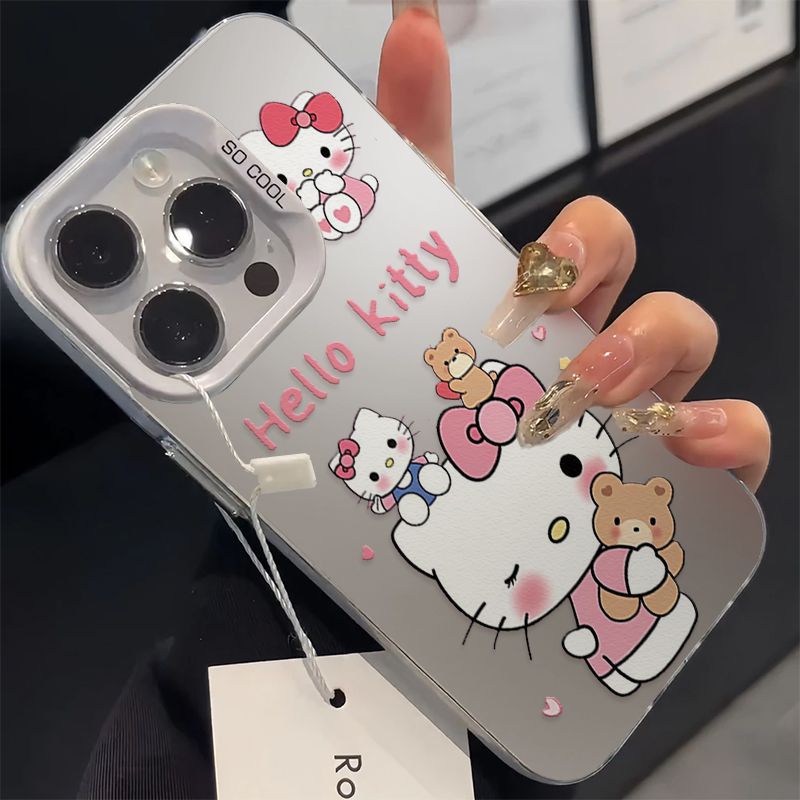 Чехол на Aйфон 16 Про Макс / IPHONE 16 PRO MAX светло-серый с белой рамкой камеры и принтом Hello Kitty с медвежатами, антиударный силиконовый чехол