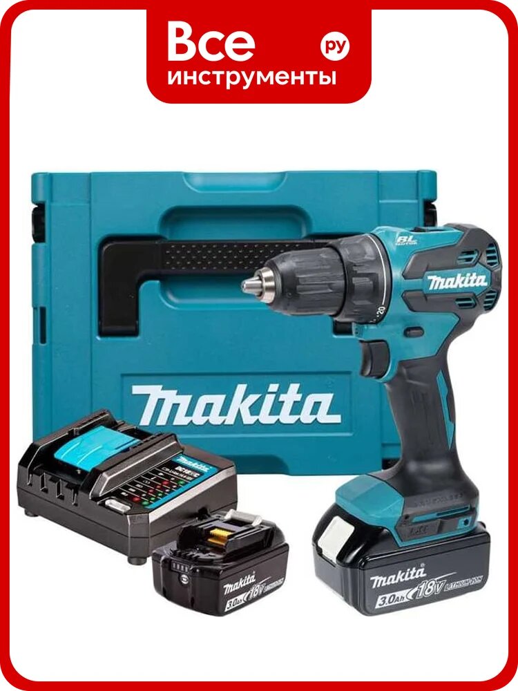 Дрель-шуруповерт аккумуляторная ударная Makita LXT 18 В, бесщеточная, XPT, патрон 13 мм, 50/27 Нм, 2x3.0 Ач, аккумуляторы и зарядное устройство DC18WC, Makpac 2 DHP490F003