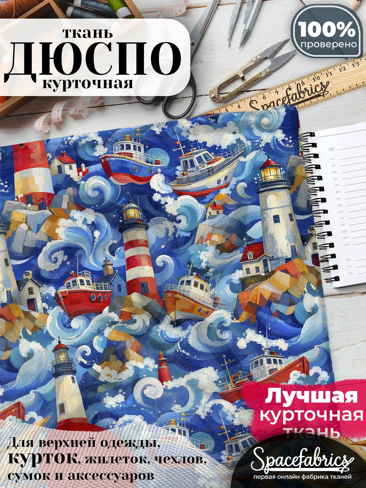 Дюспо 240T WR PU Milky, ткань плащевая курточная для шитья и рукоделия, водоотталкивающая, 85 г/м2, с принтом Маяки и катера (1х1,47 м)