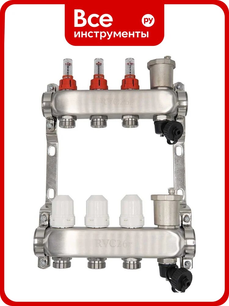 Коллекторный блок RVC ТП нержавеющая сталь, 1 (DN25)3 x 3/4 (евроконус), с расходомерами 18800