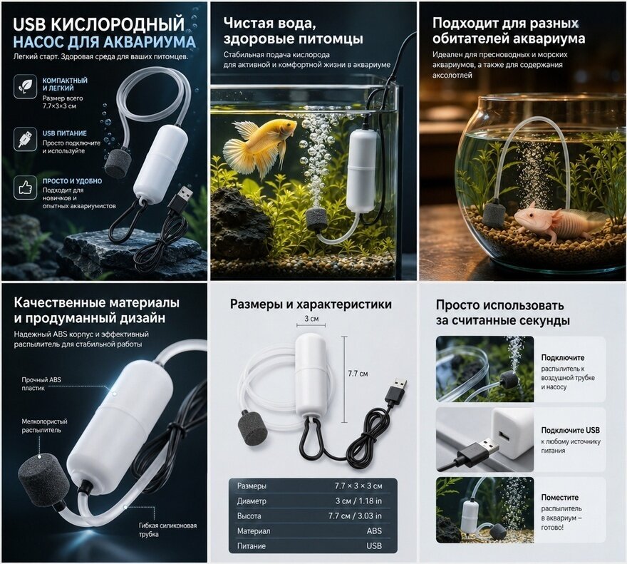 Бесшумный usb компрессор для аквариума из abs пластика белого цвета для кислородного насыщения рыбы