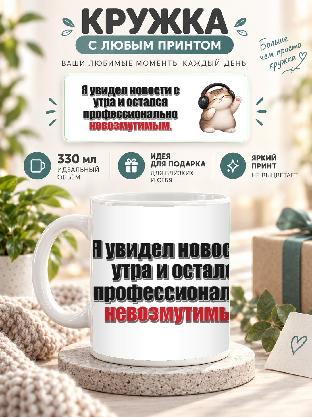 Подарочная кружка MoodRoom 330 мл, керамическая и глянцевая, Кружка с принтом «Я увидел новости с утра и ос, UG33051059