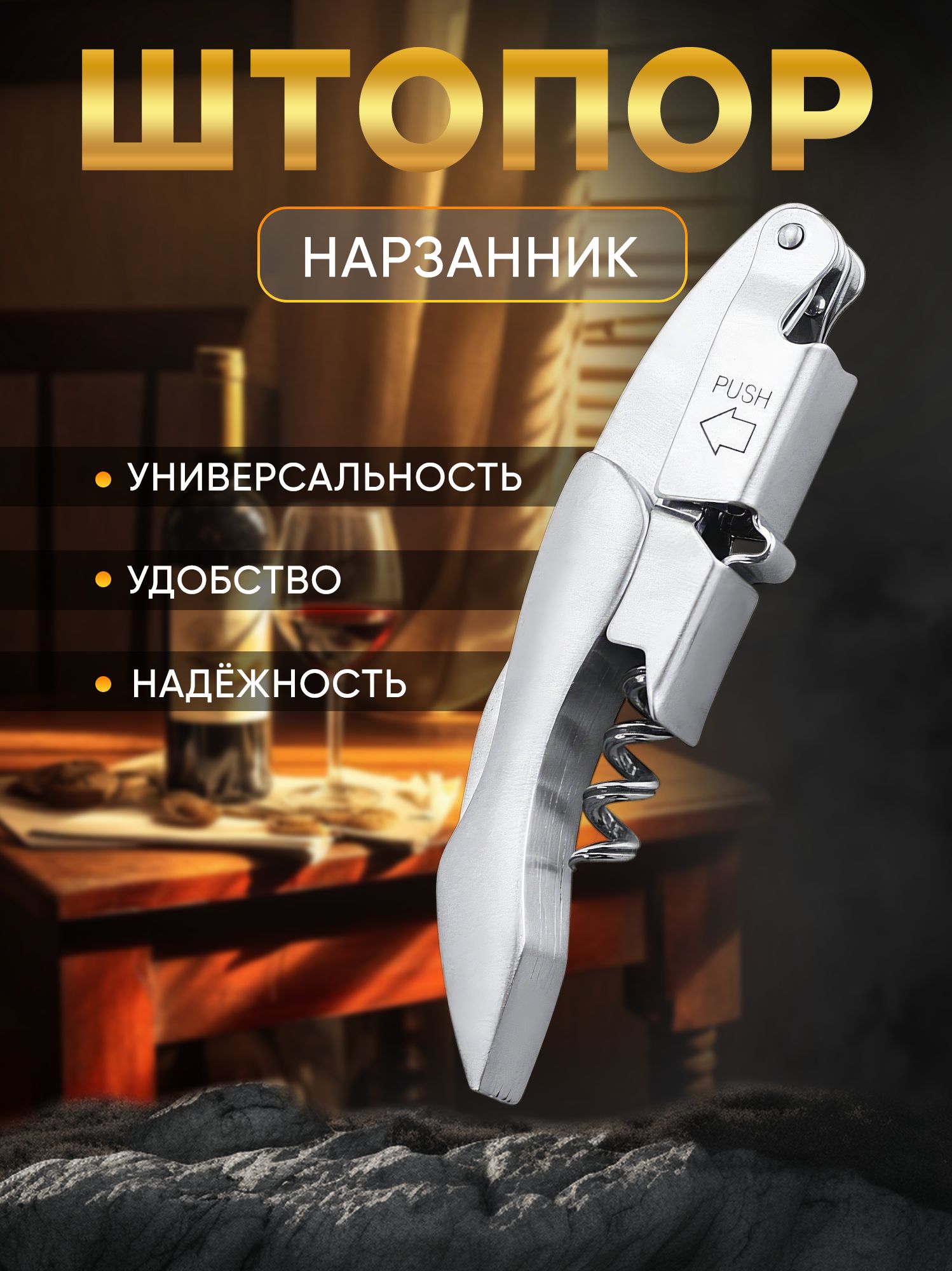 Штопор Сомелье, нож нарзанник широкий хром для бармена и официанта