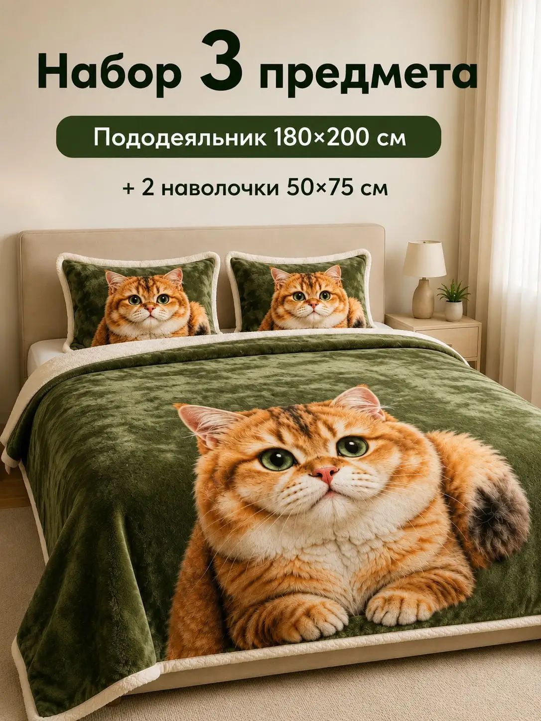 Комплект постельного белья семейный хлопок 180x200 см, наволочки 50x75, цветоливковый