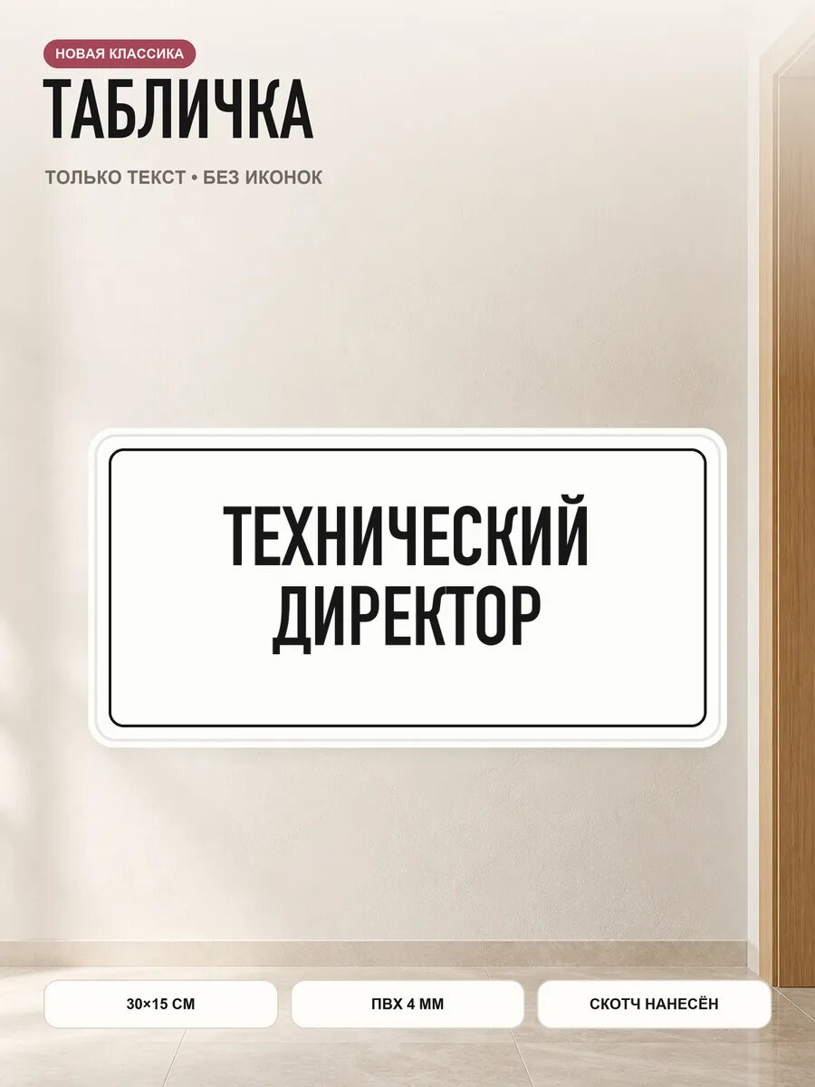 Табличка «технический директор» 30×15 см, ПВХ 4 мм, белый, PETG