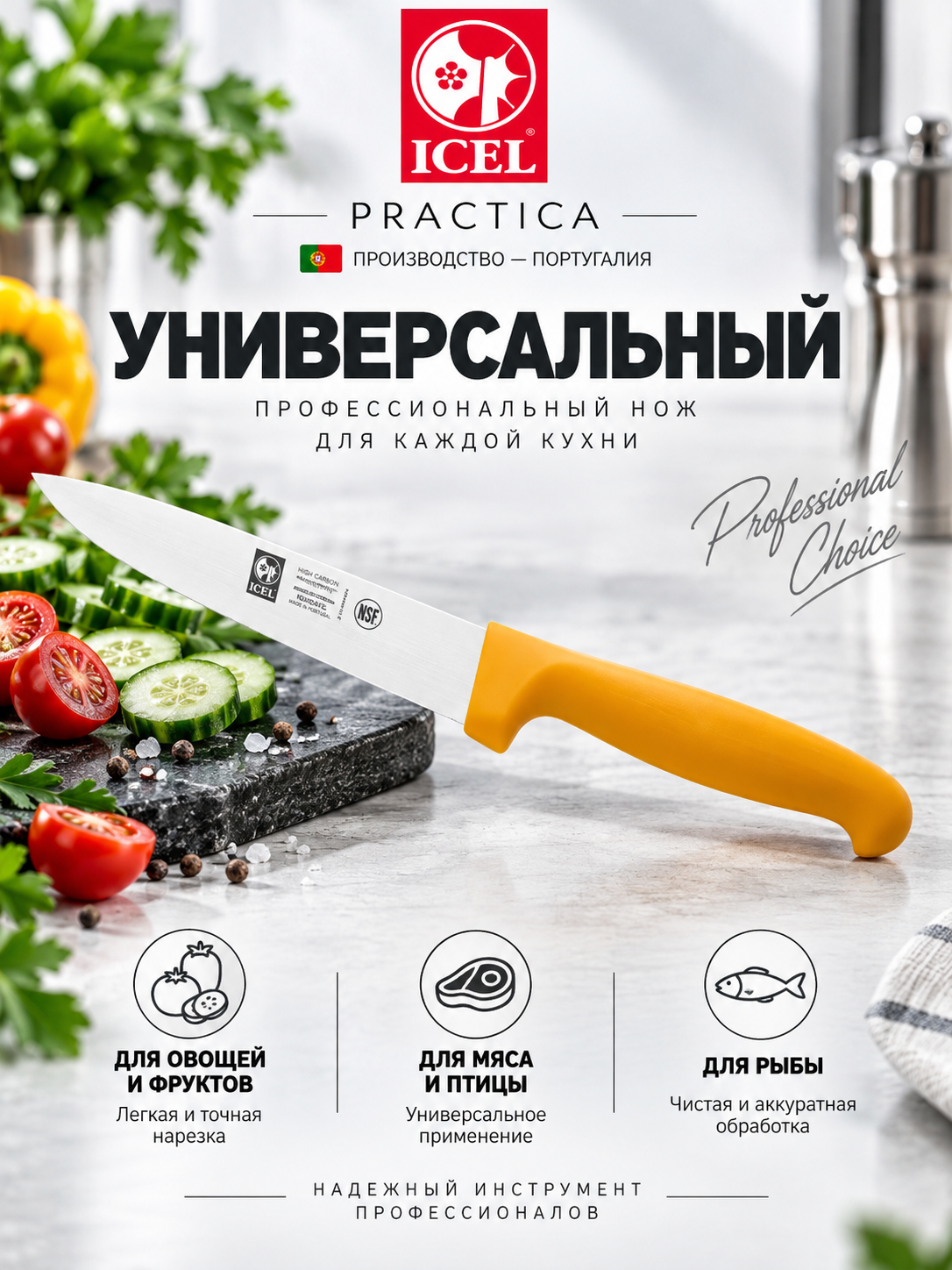Нож кухонный 150/280 мм. желтый, ICEL Practica, нержавеющая сталь