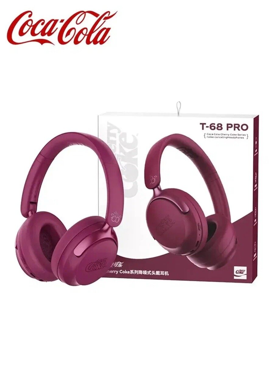 Coca-Cola Наушники беспроводные с микрофоном T68 Pro Cherry, Bluetooth, 3.5 мм, USB Type-C, фиолетовый