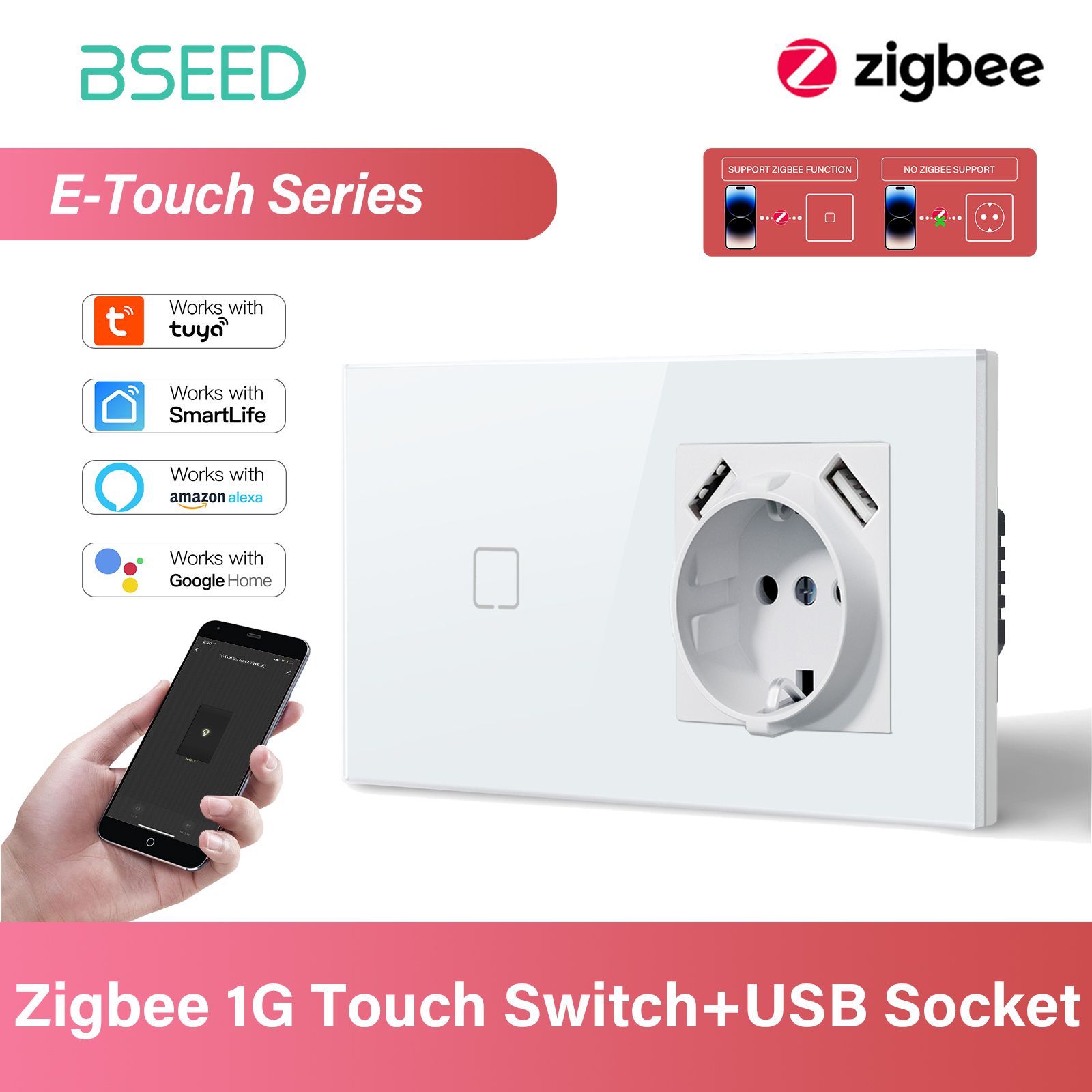 Умный сенсорный выключатель с розеткой с 2USB, 1 клавиши 1 розетка, ZIGBEE, Smart Life с Алисой