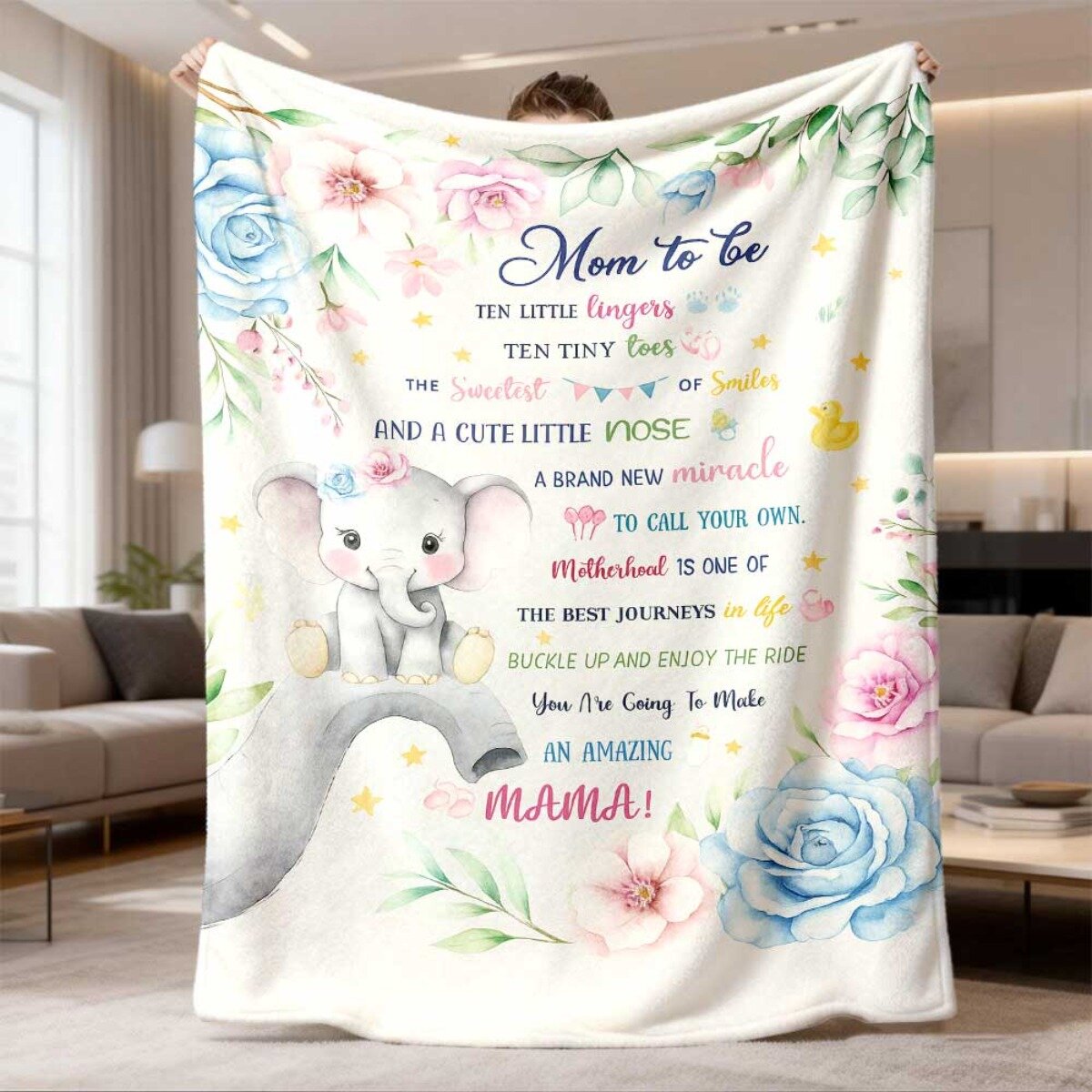 Фланелевый плед для мамы 100×75 см, 1 шт, с цветочным узором, слоном и надписью Быть мамой, мягкий всесезонный, подарок для мам, машинная стирка