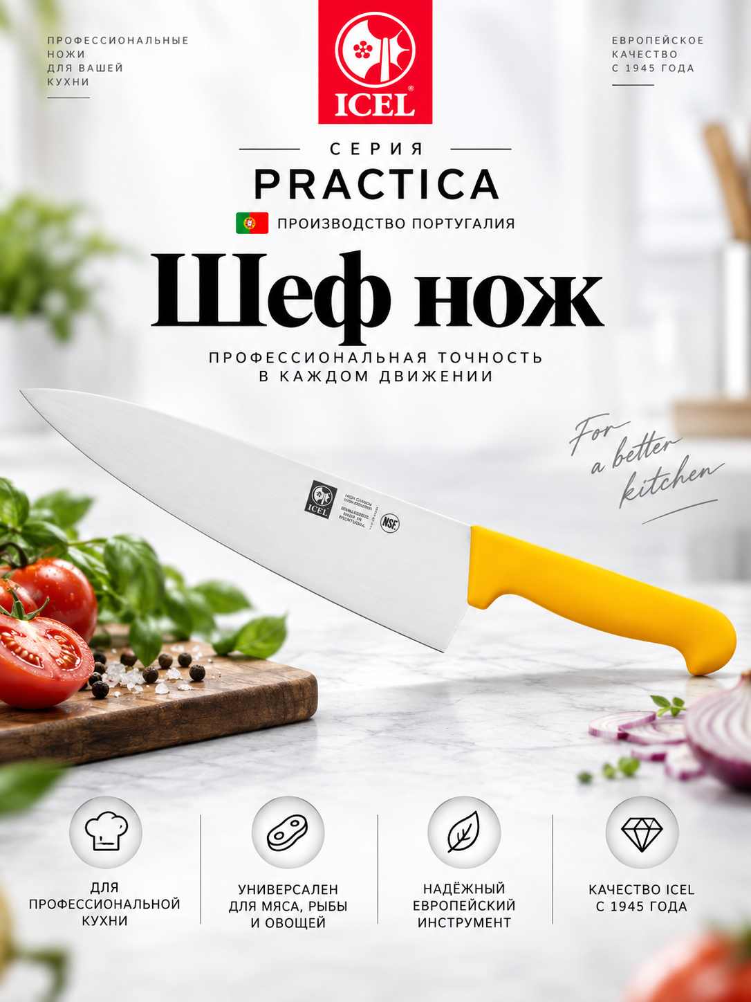 Нож поварской 260/390 мм. Шеф желтый узкое лезвие, ICEL Practica