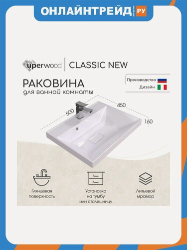 Изображение товара Раковина Uperwood для ванной Classic New 50х45х16 см, белая глянцевая, с накладкой для слива