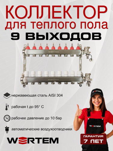 Изображение товара Коллектор для теплого пола 9 контуров WERTEM, с расходомерами, с автоматическими воздухоотводчиками и дренажными кранами