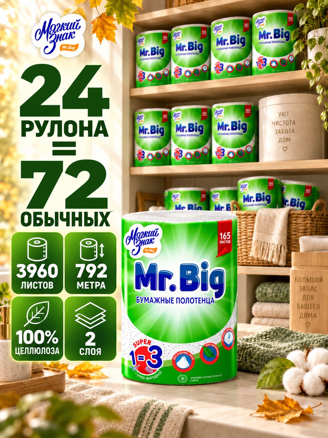 Бумажные полотенца Mr.Big 2 слоя, 3960 листов, 792 метра, 24 рулона, двухслойные полотенца Мягкий Знак С5
