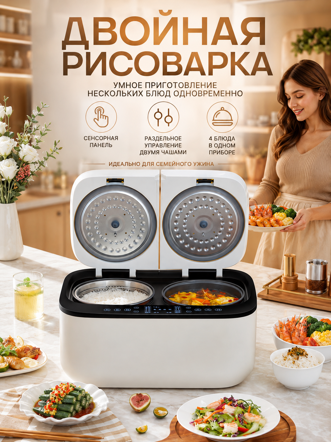 Двойная рисоварка с двумя чашами, сенсорная панель, одновременное приготовление разных блюд для домашней кухни
