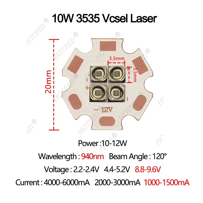 IR Led Diode 10W 3535 HotRed 940nm 8.8-9.6V