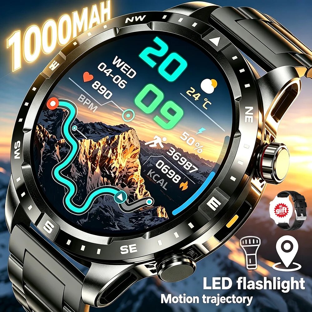 Военные GPS-часы 2026 года Dual-Band 1.7 AMOLED Black steel band