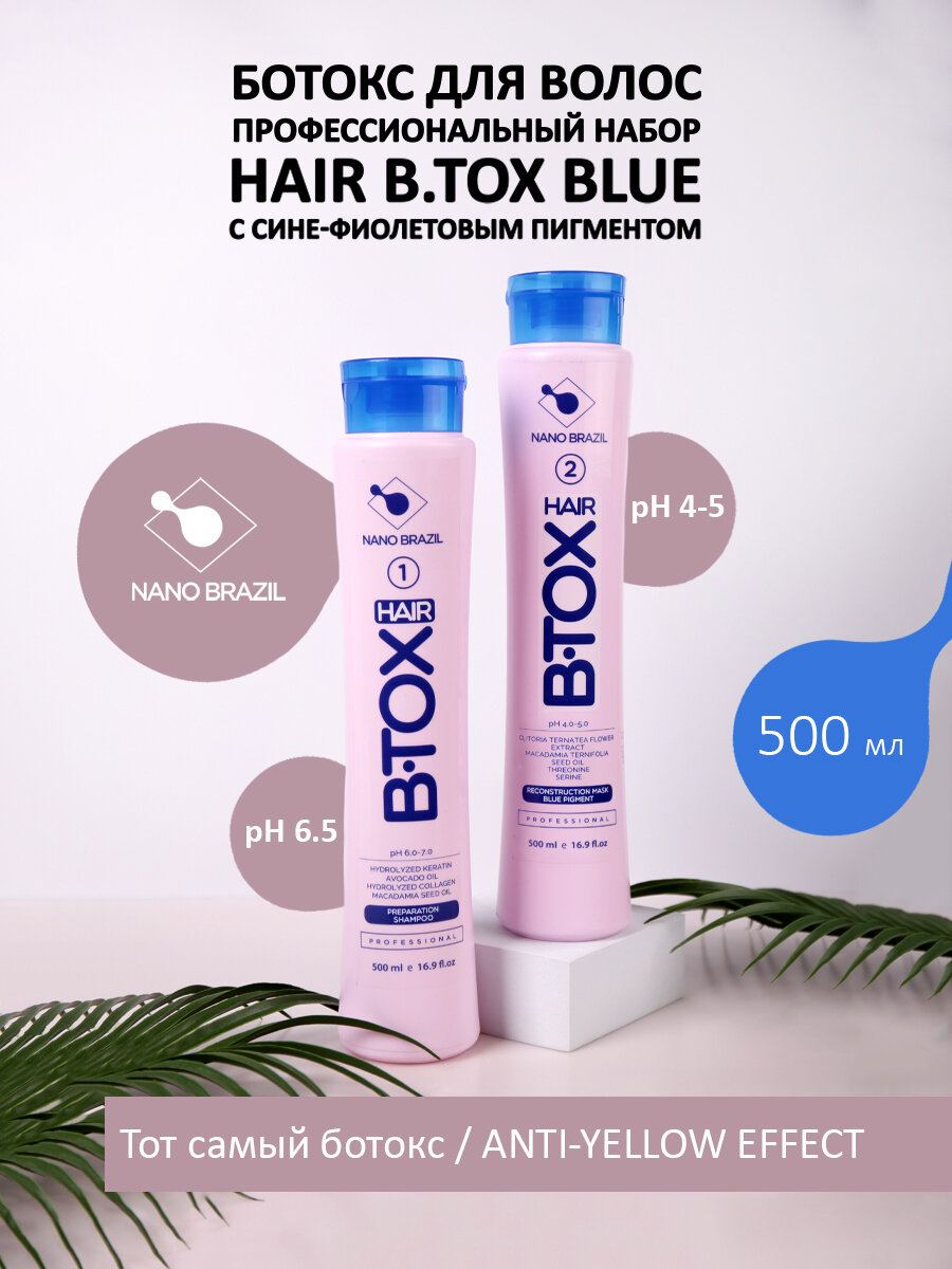 Профессиональный набор для ботокса волос HAIR B.TOX Blue с сине-фиолетовым пигментом, 2х500 мл