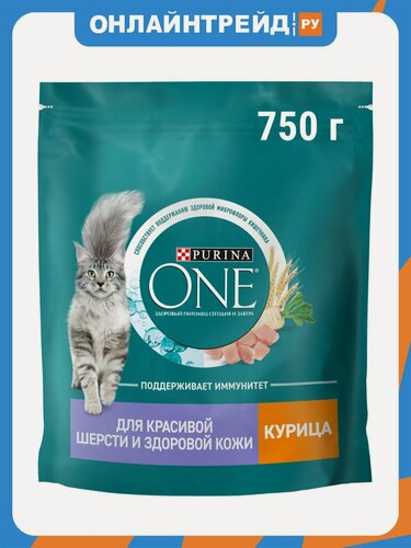 Изображение товара Сухой корм для взрослых кошек Purina One Elegant для здоровья кожи и шерсти с курицей и цельными злаками 750 г
