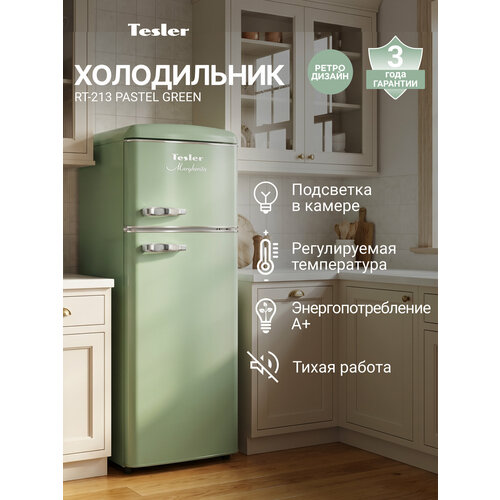 фото Холодильник tesler rt-213 pastel green, 208 л, двухкамерный, а+, морозильная камера сверху, ретро-стиль