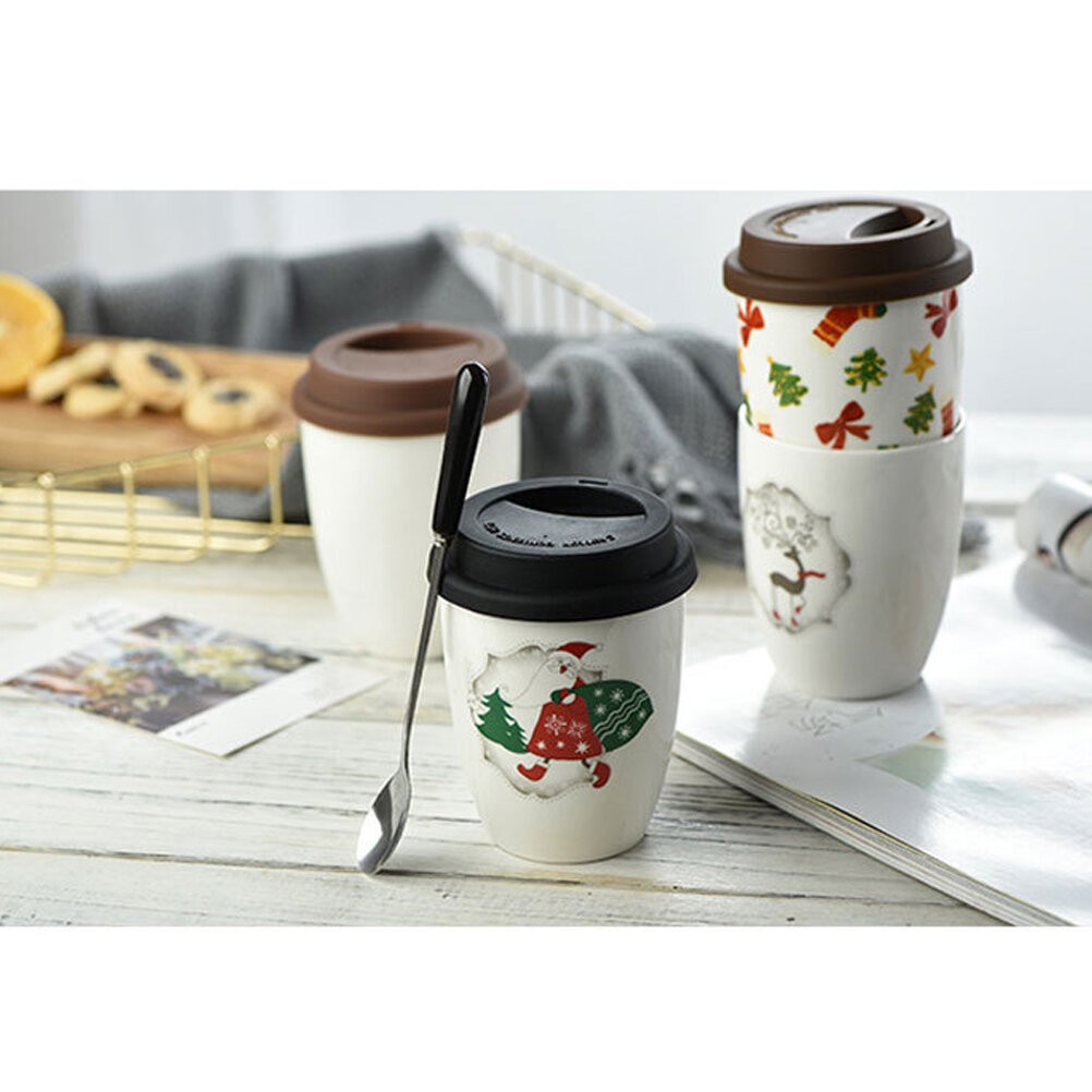 Керамическая Чашка 380Ml Без Ручки С Крышкой Из Силикона В Christmas Дизайне С Оригинальным Узором Санта Клаус