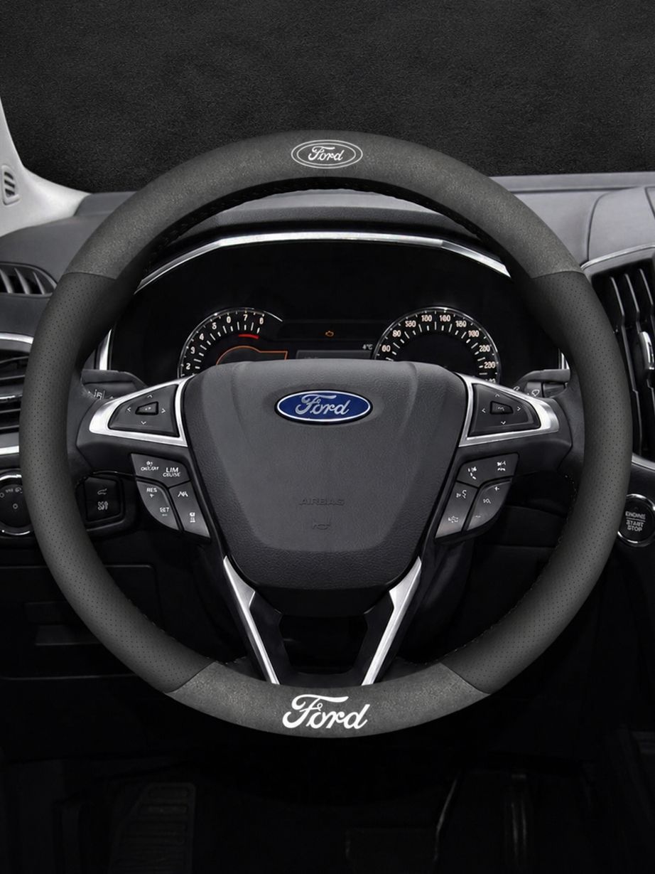 Оплетка на руль чехол из серой экозамши Ford Форма круглая Размер M Диаметр 37-39 см